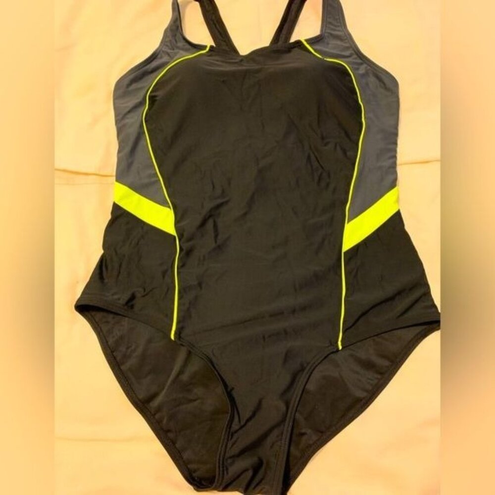 Womens Black & Neon Yellow One-Piece Swimsuit XL Polyester/Spandex